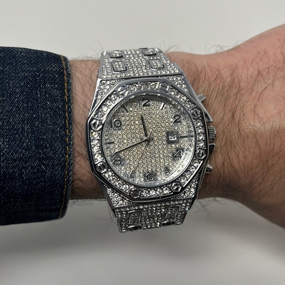 Mens hexagon silver watch cz diamonds stainless steel - Picture 1 of 4